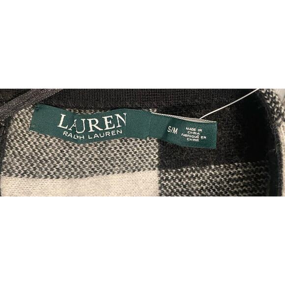 Lauren Ralph Lauren Women’s Black/White Plaid Wool Poncho S/M Old Money - Picture 2 of 5